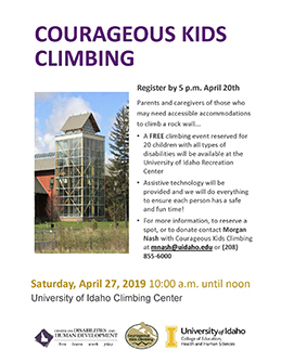 Flier announcing the Courageous Kids Climbing event on April 27, 2019.