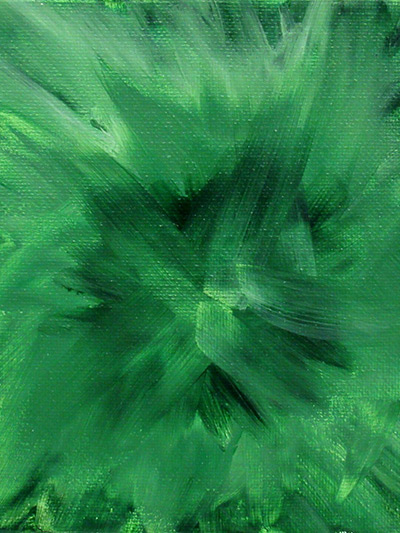 A painting of a burst of green, with different shades of green, black and white.