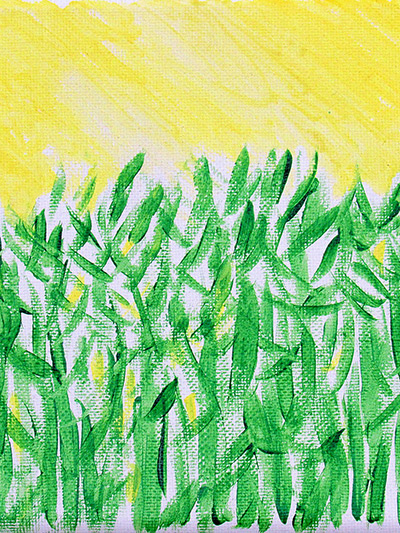 A painting of a sunny yellow sky over leafy green plants completed by a participant.