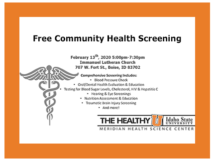 Announcement of free February 13th community health screening.