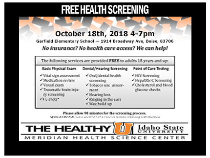 Attend the free October 18th community health screening in Boise at Garfild Elementary School.