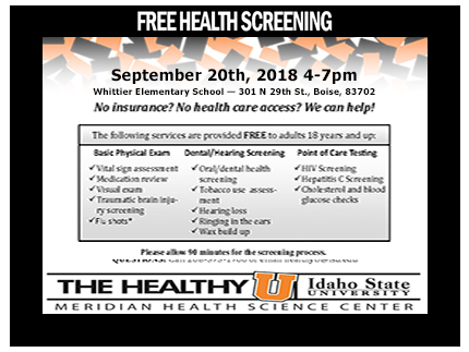 Attend the free September 20th community health screening in Boise at the Whittier Elementary School.