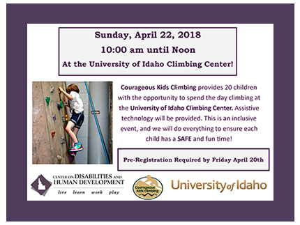 Save the date of April 22, 2018 for the free rock climbing event for children with special needs.