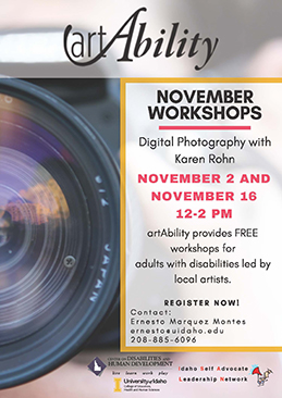 Flier announcing the 2019 November Art Ability workshops on digital photography.