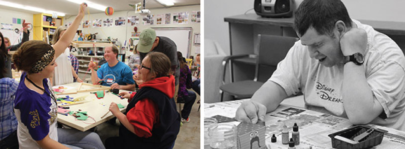 Two photos: On the left, a group of artAbility participants, smiling and working on artwork during a workshop. On the right, a black and white photo of Toby Schults, considering his artwork as he works on it.