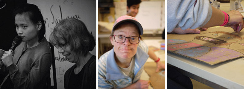 Three photos: On the left, a black and white photo of Hannah Jehn speaking into a microphone with the help of an older woman. In the middle, Kenyon leans toward the camera with a silly look on her face. On the right, an artAbility participant draws a picture on cardboard with pastels.