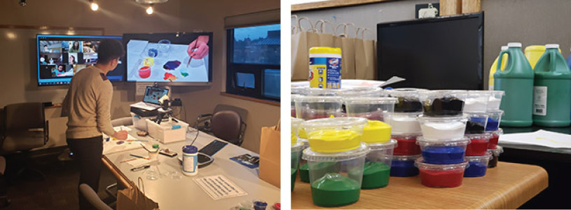 Two photos: On the left, Ernesto is showing participants different painting techniques over Zoom. On the right, rows of plastic cups with different colors of paint next to brown supply bags to be distributed to artAbility participants.