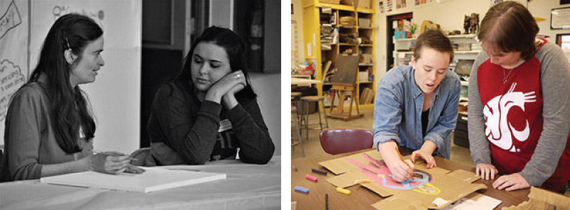Two photos: On the left, a black and white photo of a student support person helping an artAbility participant plan out their artwork. On the right, Mia is helping an artAbility participant with her artwork by showing her a technique with pastels.