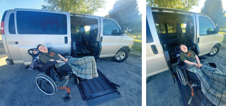 Two photos. On the left, Kade sits in his wheelchair in front of the van. He is looking at the camera and smiling. On the right, Kade is in his chair on the camp of the van. He is smiling broadly and laughing.