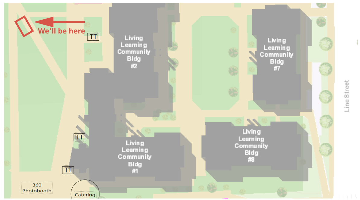 A map of the University campus with a red box around an area of lawn next to the Living Learning Community Buildling #2. The words 'We are here' is typed in red.