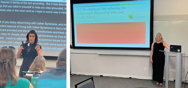 On the left, Rebecca Alexander presents a workshop to an audience about mental health. On the right, Lane McKittrick stands before an audience, presenting a workshop about IEPs. 