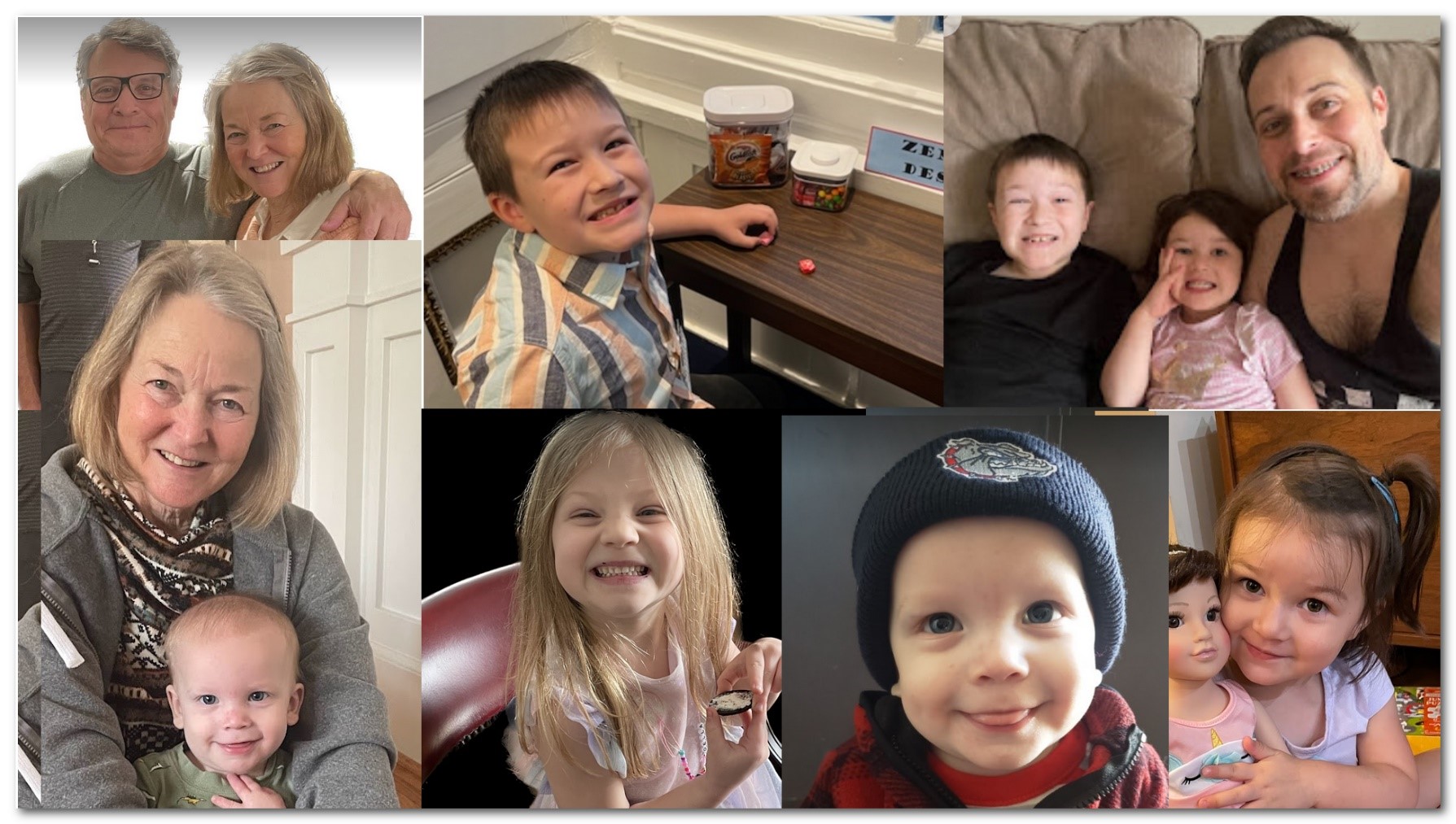 A collage of pictures featuring Shawn Wright and his family. This includes pictures of his wife, son and four grandchildren all smiling for the camera.