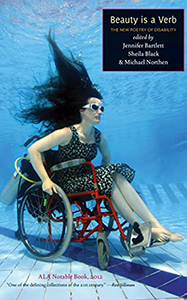 Book cover featuring a photograph of a woman in a wheelchair wearing a dress and goggles and floating at the bottom of a pool. There is a small black box in the upper right corner with the title of the book in small white letters.