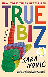 Book cover featuring an illustration of a hand signing a word in ASL. The hand is many different colors, with True Biz written in multi colored letters above it.