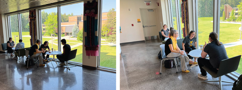 Two photos showing different students meeting one-on-one with staff from the University. They are discussing programs and courses the students are interested in studying.