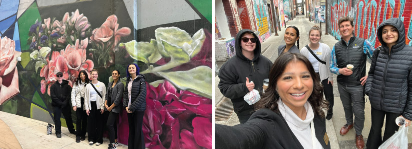 Two photos (from left to right): The trainees are standing in front of some colorful street art, showing beautiful flowers in different shades of pink and white. Next, the trainees are standing in an alley. The walls up and down the alley are covered in street art. All of the are smiling and looking at the camera.  