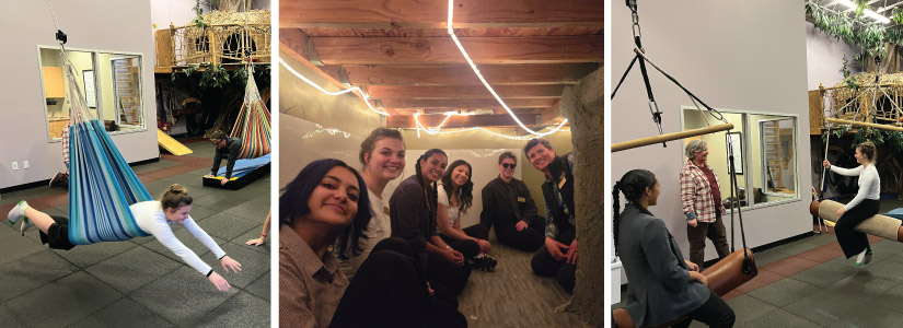 Three photos (from left to right): Isabella is in a hammock style swing, pushing herself toward a toy on the ground. She is smiling and having fun. Next, the trainees are all sitting in a cubby together. There are fairy lights on the roof above them. All of them are smiling and looking at the camera. Next, Isabella and Maya are sitting on long swings. They are rocking back and smiling as a Lotus Tree employee smiles at them.  