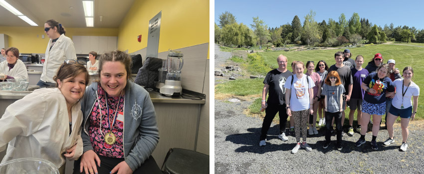 Two images side by side. On the left, Kristin is sitting at a cooking station with a friend. The friend is leaning into her. They are both smiling happily and looking at the camera. On the right, Kristin poses with a group of men and women with disabilities participating in Movement in the Park. They are all standing together, smiling and looking directly at the camera.