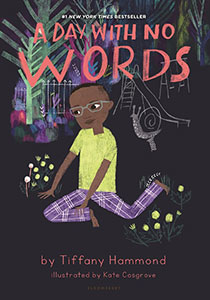 Book cover with a black background. It features an illustration of a teen boy of color. He is sitting on the ground, with grass and flowers around him. He is feeling the grass. Behind him are different colorful plants and white line drawings of playground equipment.