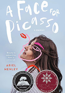 Book cover with a light blue background. Toward the middle bottom is a photograph of a woman's profile. She is looking up toward the sky with a slight smile. Over her face are colored line drawings of a face in the same style as a Pablo Picasso painting. The title of the book runs in an arc across the top of the cover in stylized white text.