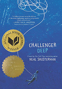 Book cover with a blue background that looks like an ocean. An illustration of a teen boy is floating near the bottom. He is wearing a t-shirt and pants. He is tethered to a white line that connects to his back and runs up toward the top of the book where it swirls all around itself in a tangled mess. There are two gold seals along the left margin. The top is for the National Book Award Winner. The other is the Golden Kite Award Book.