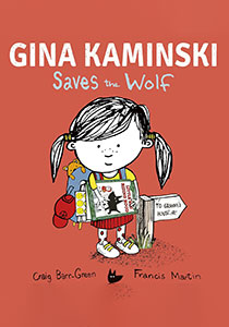 Book cover with a solid red background. It features an illustration of a young girl in black and white. She has pig tails and is wearing a yellow t-shirt, red skirt and polka dot tights. She has tennis shoes on and a backpack filled with things to go on an adventure. She is holding a book with the title Little Red Riding Hood.