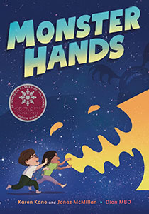 Book cover featuring an illustration in deep blues and bright yellows. It shows two young kids casting shadow puppets in the shape of monsters with their hands.