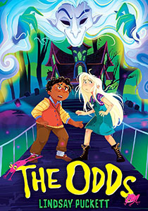 Book cover with a black background. It features an illustration of two pre-teens looking nervous or concerned. One is a boy of color with dark curly hair and glasses. The other is a girl with long blonde hair. There is a mysterious black house behind them with bare trees all around it. A ghostly figure is floating over the top of the house. 