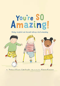 Book cover with a light yellow background. It features three young children playing on a playground. One is a little boy with black hair, wearing a green sweatshirt and yellow shorts. He is kicking a soccer ball. In the middle is a little boy with blond hair. He is wearing a red and white striped shirt and only has one leg. He is using crutches. The third is a little girl of color. She has black hair pulled up in two bunson her head. She is wearing a pink top and yellow skirt, and is dancing.