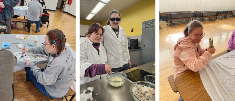 Three images of Mary participating in CDHD programs. From left to right: Mary is sitting at a table with braids in her hair, thoughtfully painting with watercolors. Next, Mary is standing at a counter, stirring a mixture with a whisk. A taller woman stands next to her smiling. Last, Mary is sitting at a table with reeds in her hand. She is smiling and holding them close to her face.