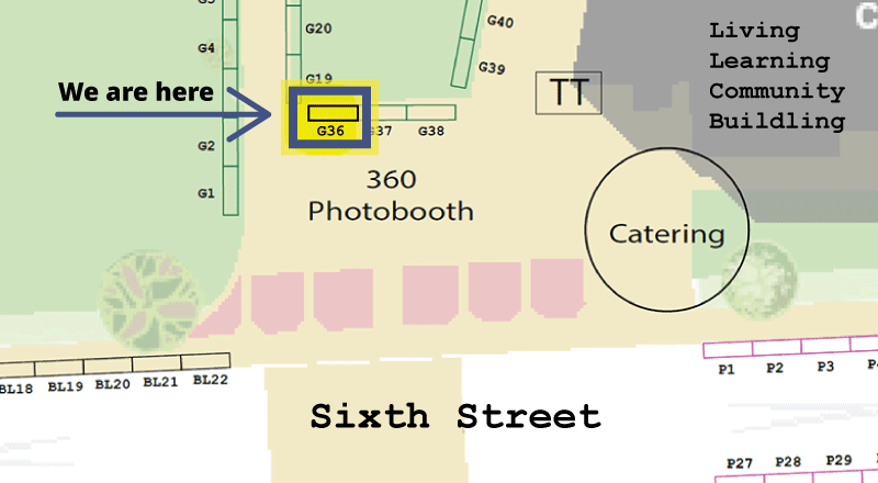 A map of the University of Idaho campsus showing Sixth Street and surrounding lawns. Just off of Sixth Street, on the pathway, is a square numbered G36 is highlighted with an arrow pointing to it that says 'We are Here'.