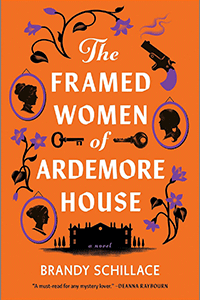 Book cover with a red background. Framed silhouette photos of three women are scattered around the edges of the cover amongst vines with leaves and purple flowers. There is also a smoking gun and a manor house in black. The tile and author's name appear down the center of the cover.