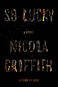 Book cover with a completely black background. The title of the book and the author's name appear in stylized letters that look like burning pieces of paper.