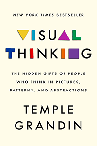 Book cover featuring a light yellow background. The words 'Visual Thinking' are written in colorful, stylized text across the upper third of the cover. 'The hidden gifts of people who think in pictures, patterns and abstractions' and 'Temple Grandin' are written in clear, black text down the rest of the cover.