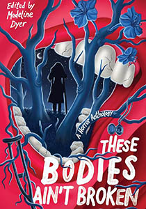 Book cover with an illustration of a face with the mouth wide open. Inside the face is a night scene with crooked trees and roots growing wildly and a silhouette of a girl standing at the center of it all.