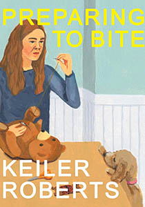 Book cover with an illustration of a woman sitting at a table, mending a teddy bear. She is holding the threaded needle at face level and is looking at it thoughtfully. Her dog is watching her from the floor.