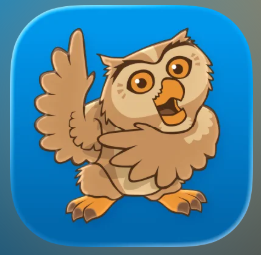 The app logo for Proloquo2Go featuring a cartoon owl that is dancing happily.