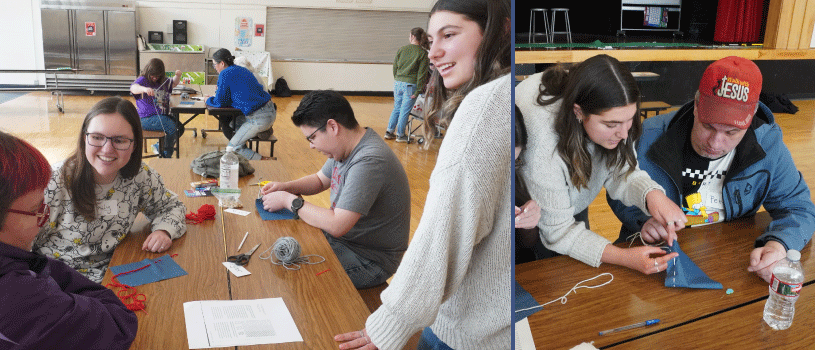 Two images side-by-side. On the left, a young woman thoughtfully looks at a self-advocate as she listens to her speak about her artwork. On the right, a young woman helps a male self-advocate with his art project by showing him different steps.