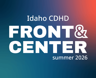 Multi-color background with bold, white text over the top that reads, Front and Center summer 2026