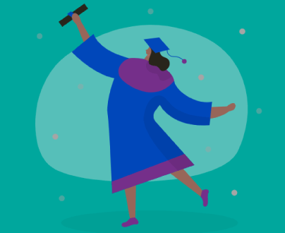 A graphic of a woman wearing a graduation cap and gown, holding her diploma high in the air happily.