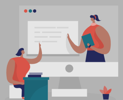 Graphic of two women of color in a room. One is standing in front of the other and pointing to a screen while going over material in her hands. The other is sitting down and listening thoughtfully.