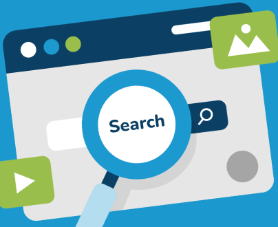 A graphic in different shades of blue and green. It features a search window with a magnifying glass over the word 'SEARCH'.