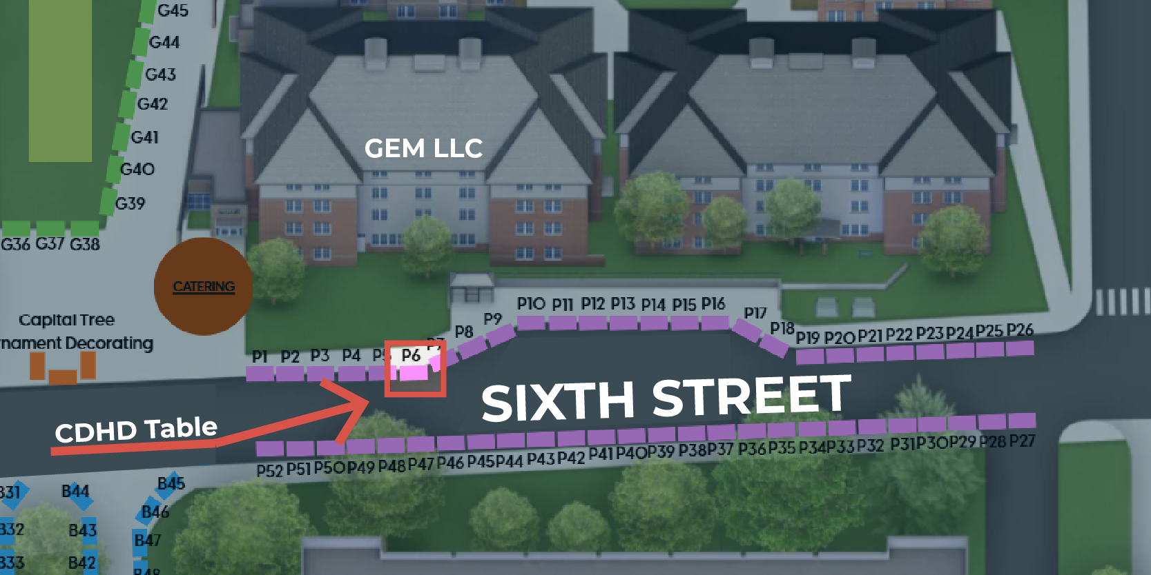 A map of the University of Idaho campus showing Sixth Street and the surrounding lawns. A red square is drawn around a table located in front of a building labeled Gem LLC. A red arrow is pointed at the square, with bold, white text that reads 'CDHD Table'.