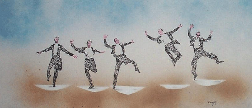 A painting by Dan Wright featuring stamps of a man in a tuxedo dancing across the page. Behind him are ethereal clouds in peach and blue.