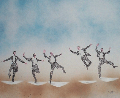 A piece of artwork by Dan White showing a man in a tuxedo dancing across the page. Behind him are ethereal clouds in peach and blue.