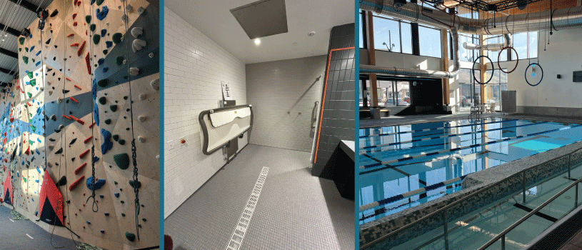 Three images side-by-side. On the left, a tall rock climbing wall covered in handles of different shapes and sizes. In the middle, a bathroom with fully accessible features such as a wide shower, low sinks and a dressing table. On the right, a pool with different accessibility features, including a ramp to get into the water.