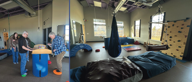 Two images side by side. On the left, a young person is standing on a balance bubble on one side of a table. An older person is getting up on a balance bubble on the other side of the table. She is looking at her feed. On the right, an empty room with many recreational features, including a chair hanging from the ceiling, a swing, a small climbing wall and many large bags for jumping and playing.