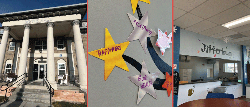 Three images side-by-side. On the left, the exterior facade of a building with a huge entrance framed by large columns. In the middle, a project decorating the wall, featuring a tree with gold and silver stars as leaves. The stars have different emotions and actions written on them such as Happy and Good Health. On the right, a small cafe with a graphic on the wall over the top that reads Jitterbug.