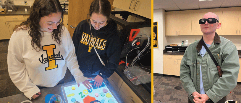 Two photos side-by-side of student trainees trying different assistive technology equipment. On the left, two young women trainees are standing over a glowing board and moving tiles of different letters and shapes around the board. They are both smiling. On the right, a trainee is wearing glasses that allow a person to see what is in front of them if they are in a laying position.