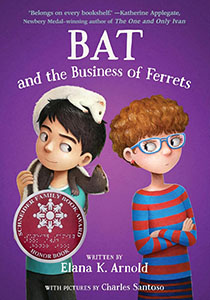 Book cover featuring an illustration of two young boys looking at each other over their shoulders over a bright purple background. One boy has black hair and a ferret around his shoulders and a ferret on his head. The other has red hair and glasses.